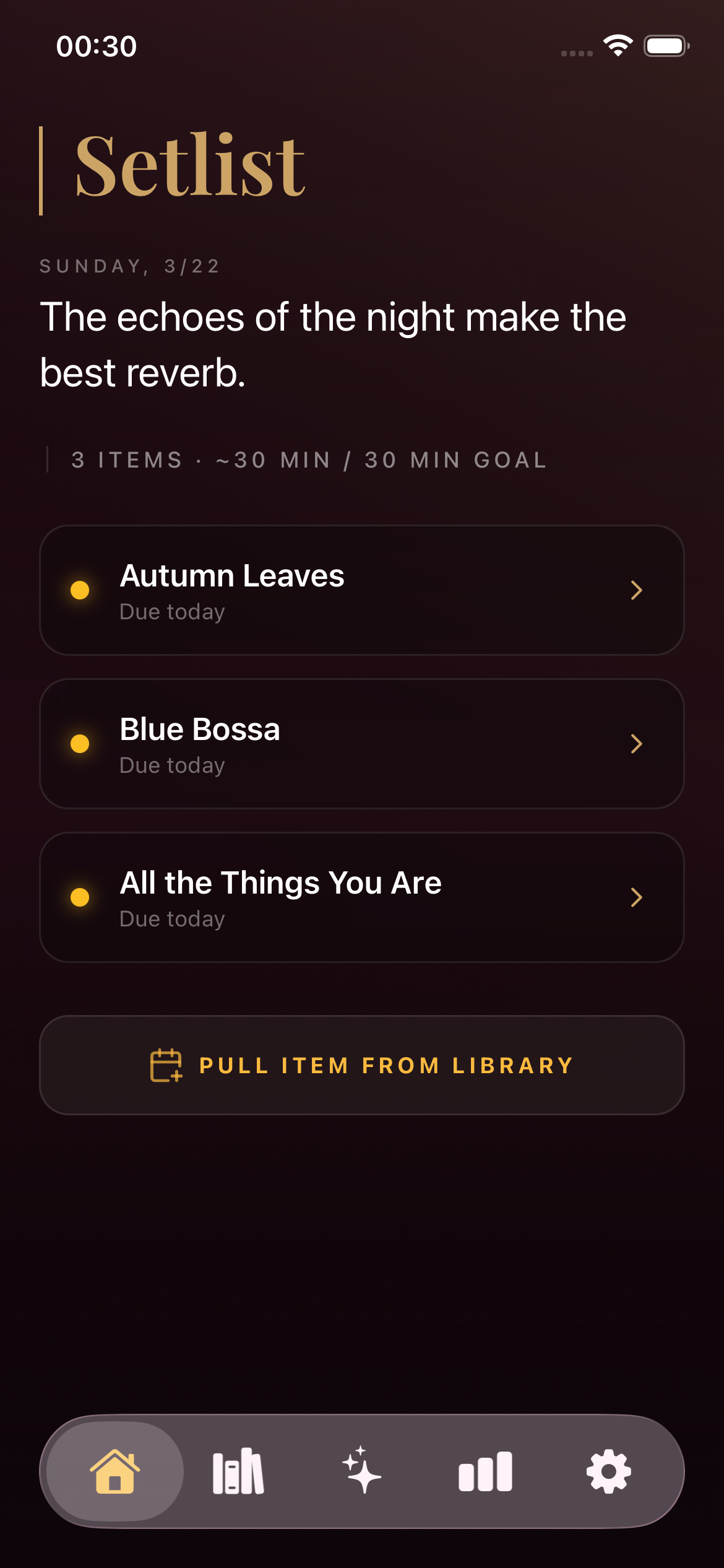 Sostenuto app showing the setlist screen on iOS